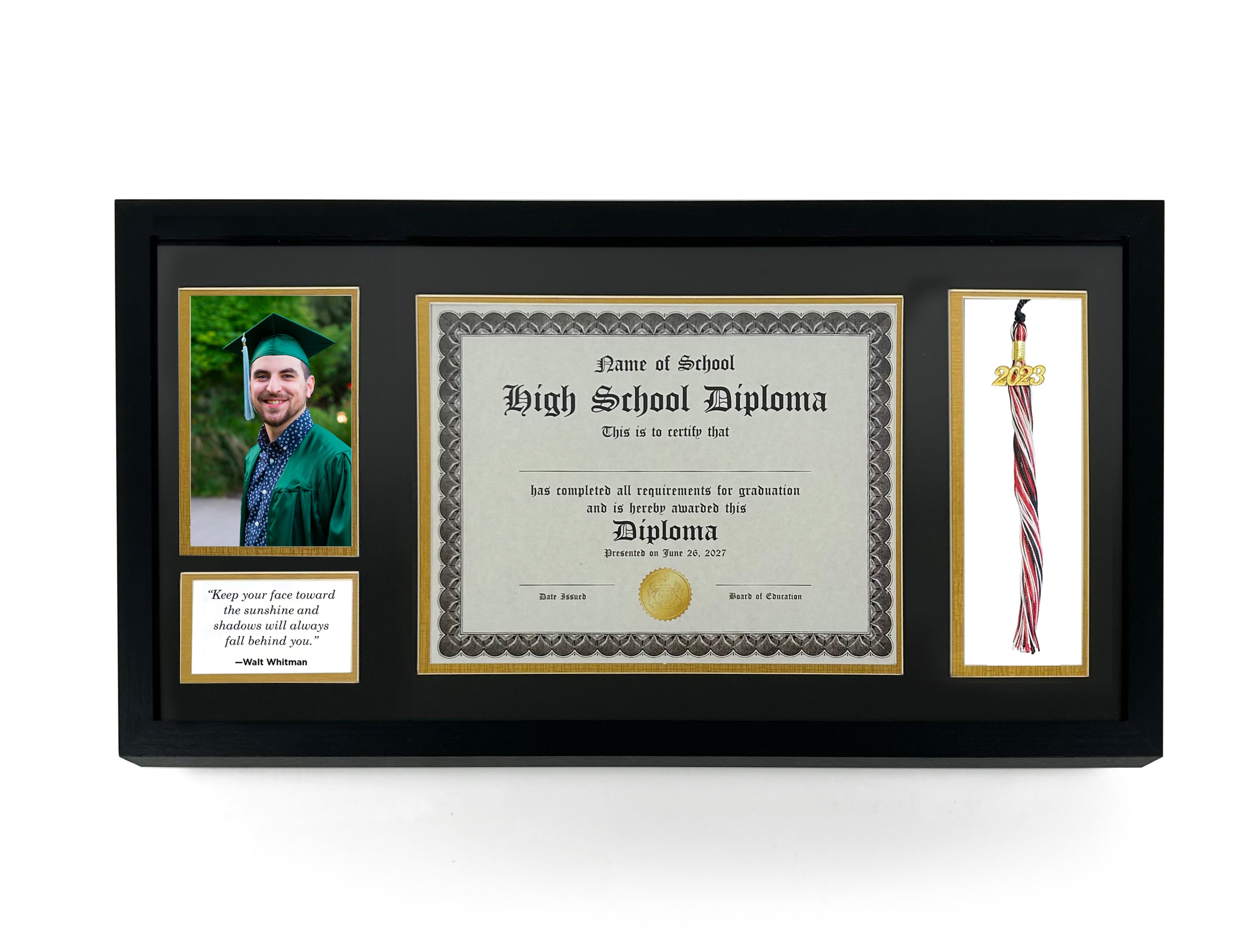 Protective Diploma Frame with Tassel Holder, Double Mat, UV Protection, for 8.5 x 11 Certificate and 4 x 6 Photo Display 1 Protective Diploma Frame with Tassel Holder, Double Mat, UV Protection, for 8.5 x 11 Certificate and 4 x 6 Photo Display