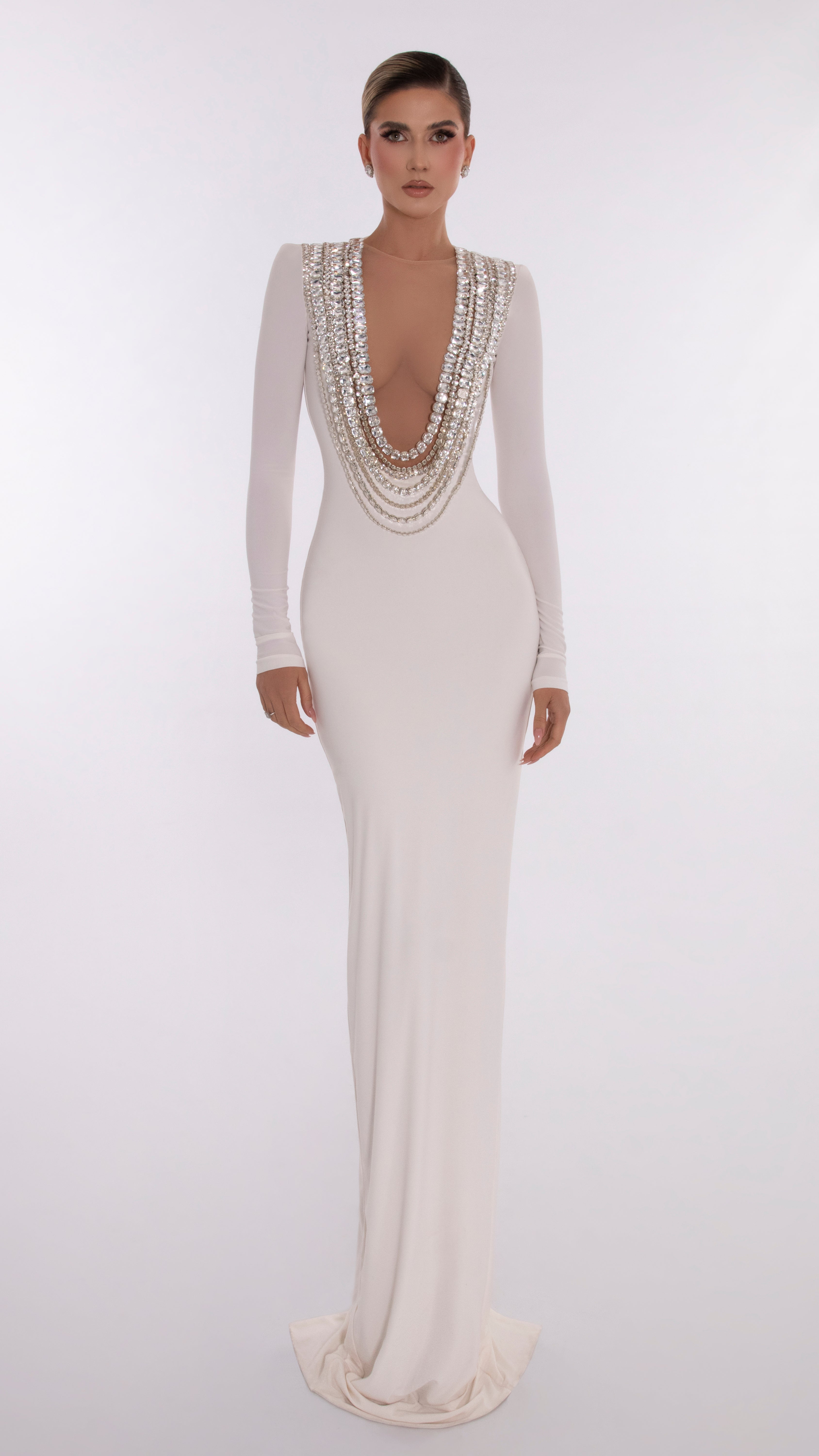 Embroidered Neckline White Dress
