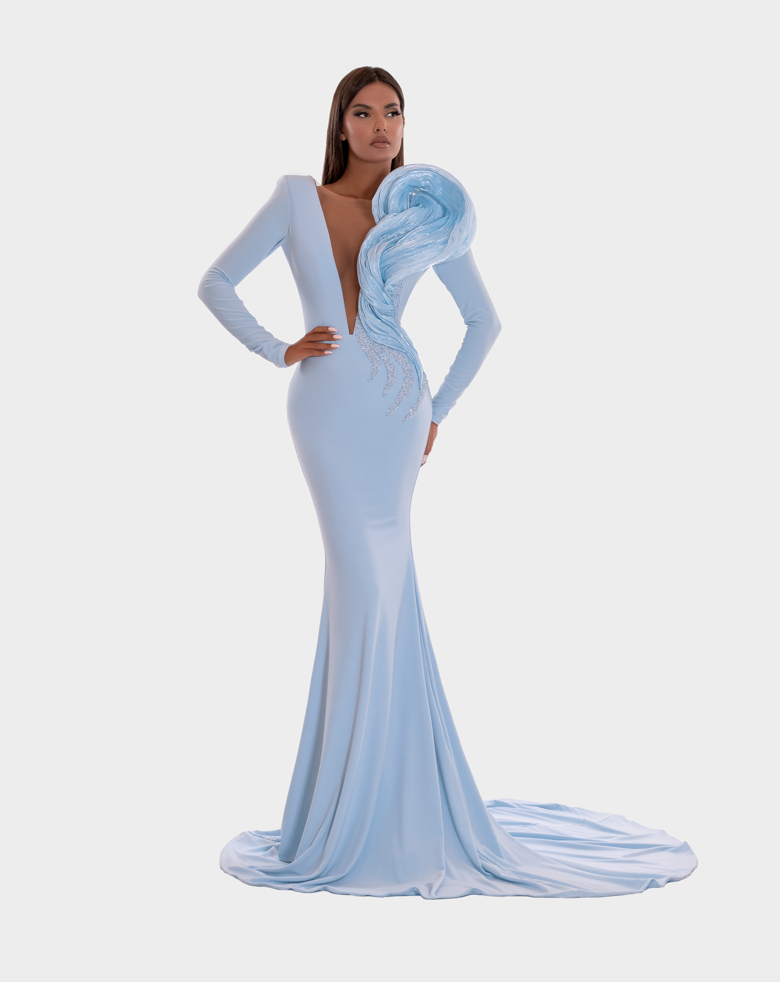 LONG DRESS IN BLUE WITH V-NECK
