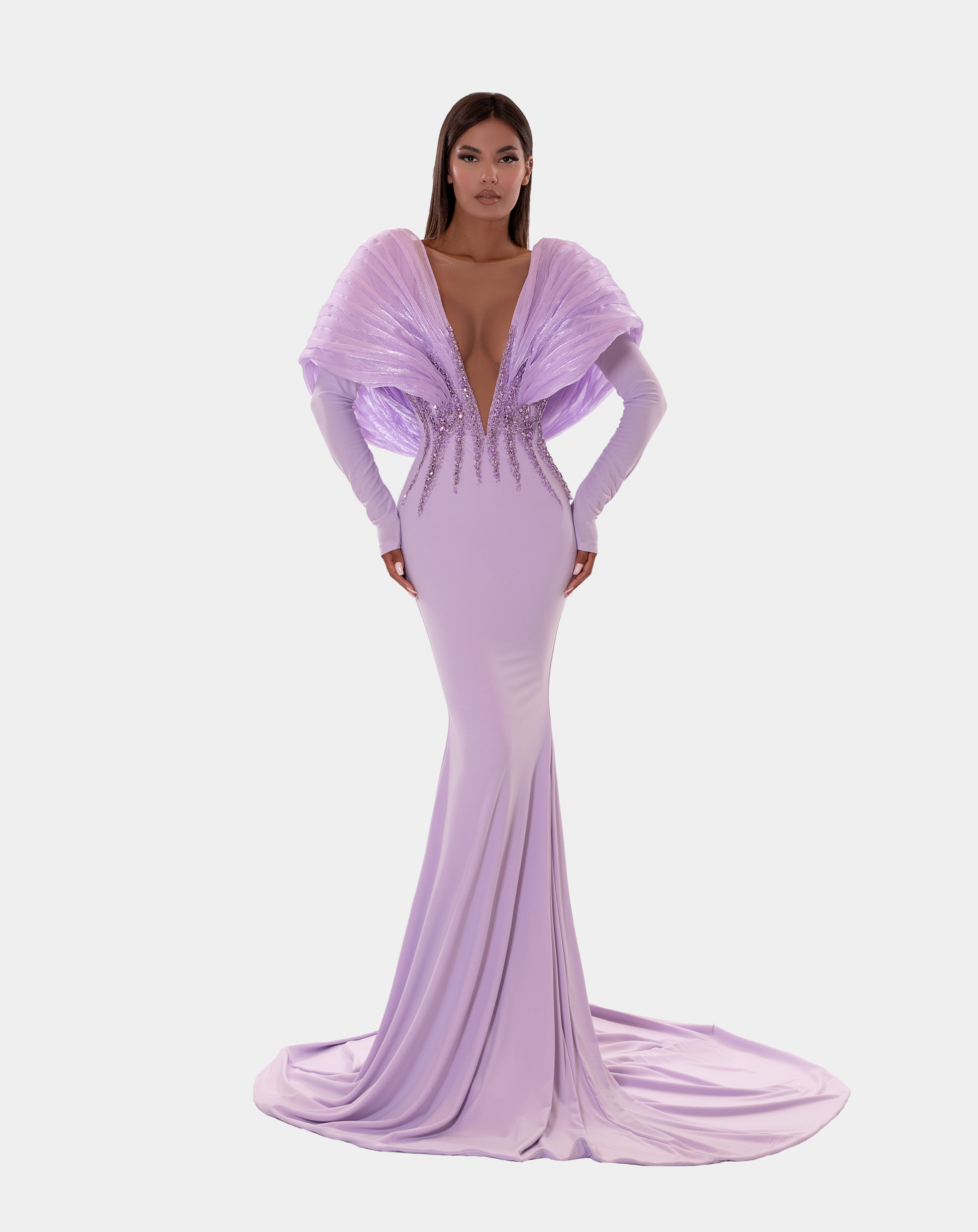 LILAC PUFF SLEEVES AND V- NECK LONG DRESS