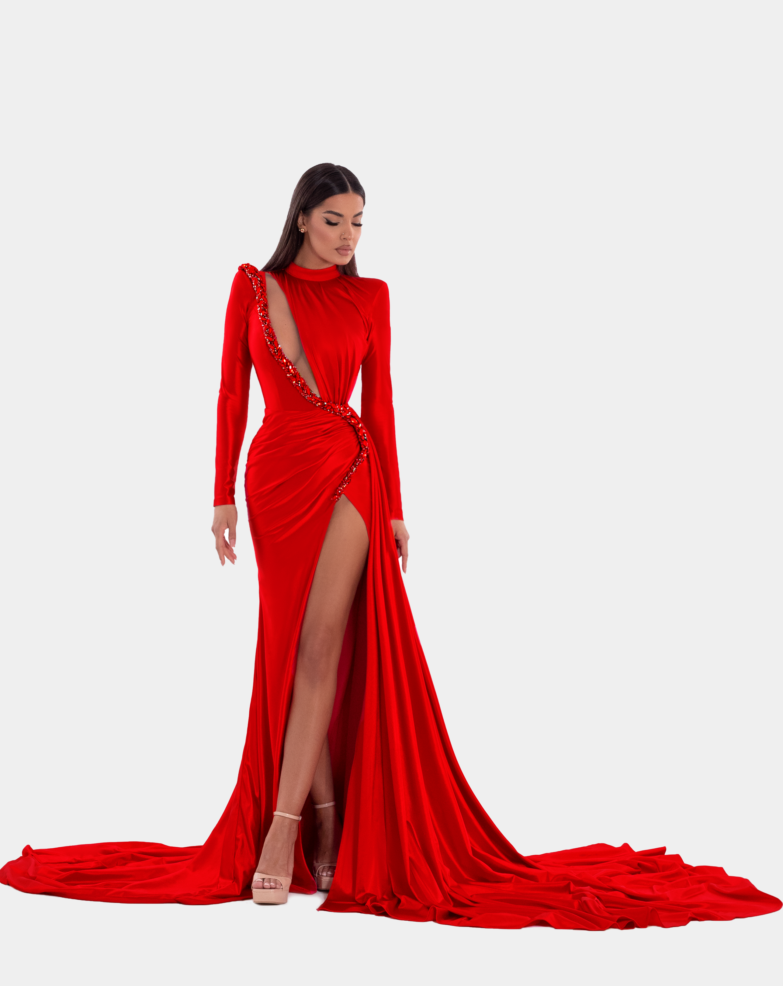 HALF HIGH NECK RED DRESS