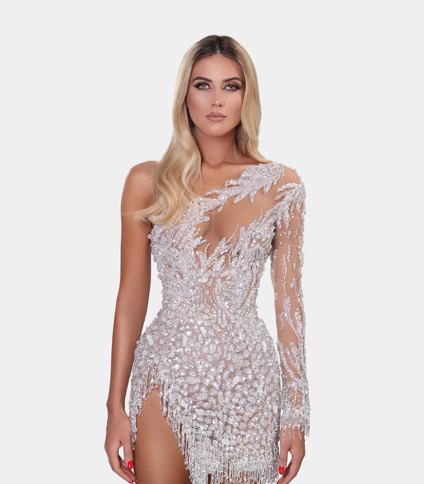 Short silver one sleeved dress