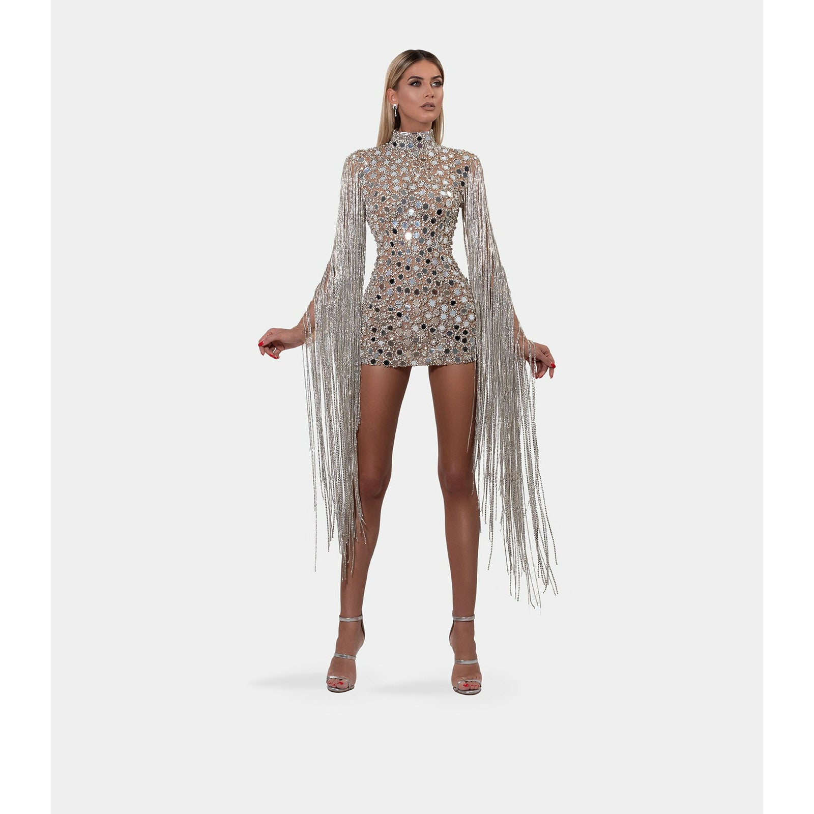 Short mirror silver dress with tassels