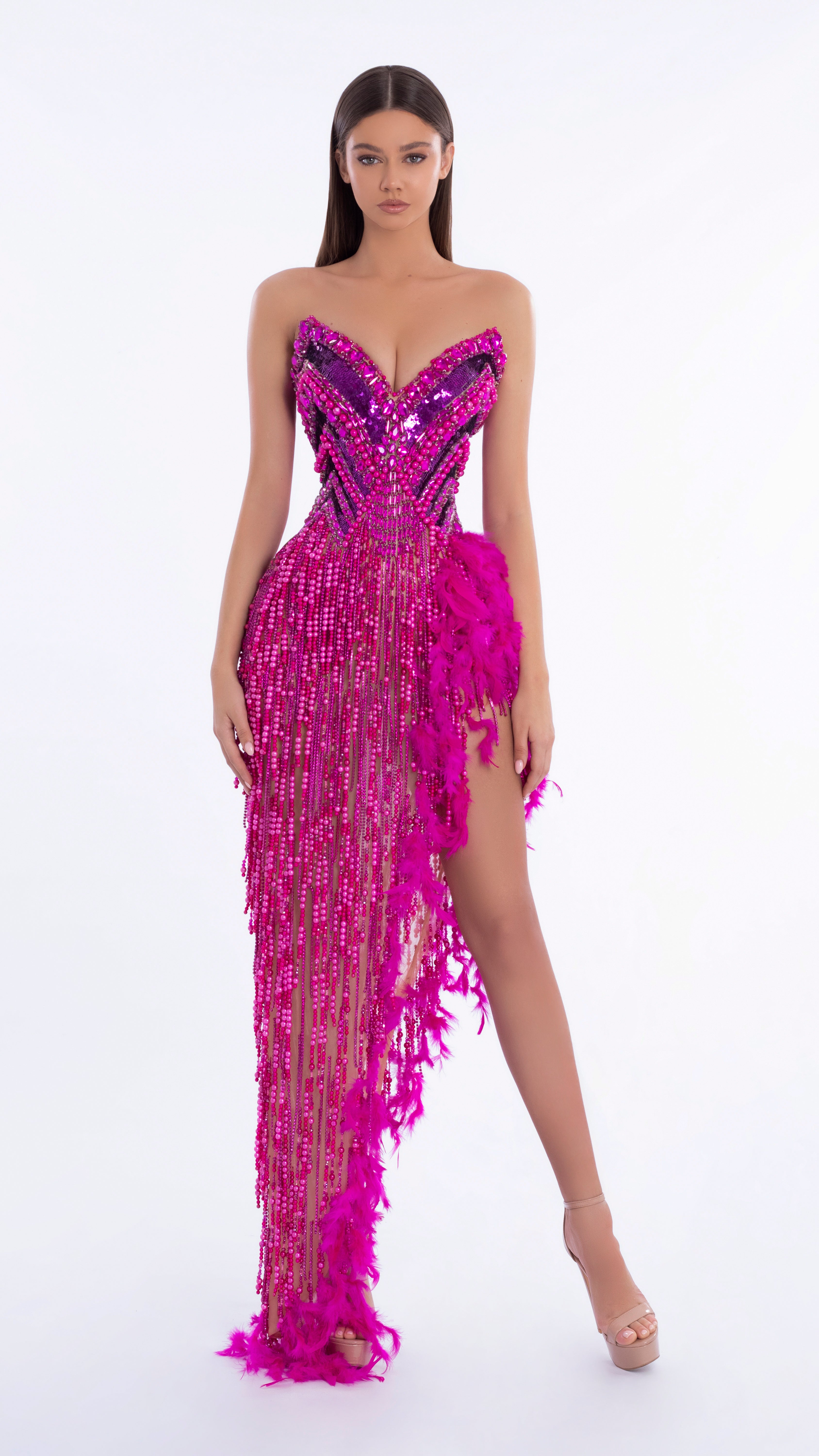 Corset Style Pink Evening Dress with High Side Slit
