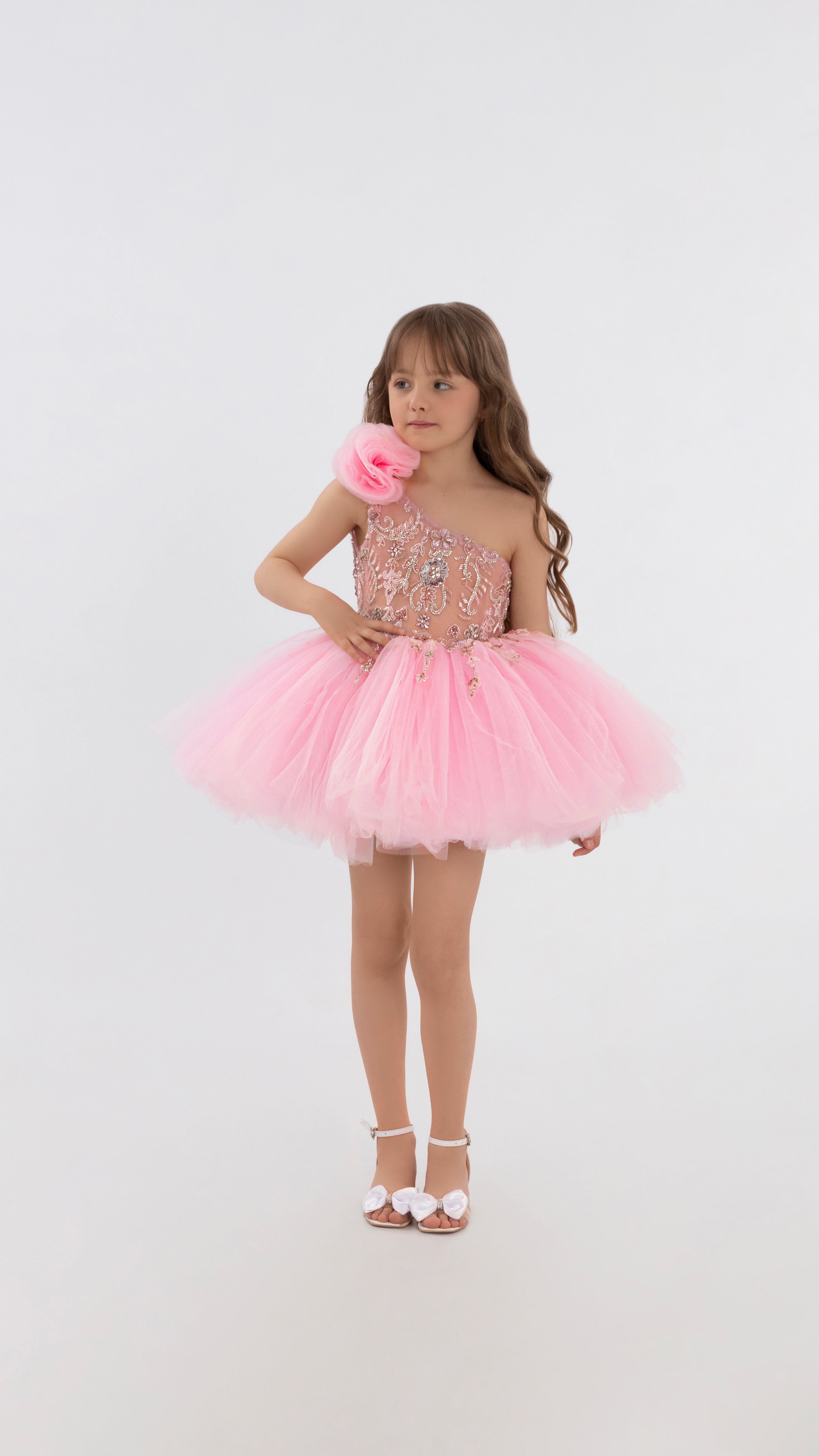 One Shoulder Pink Short Dress For Girls