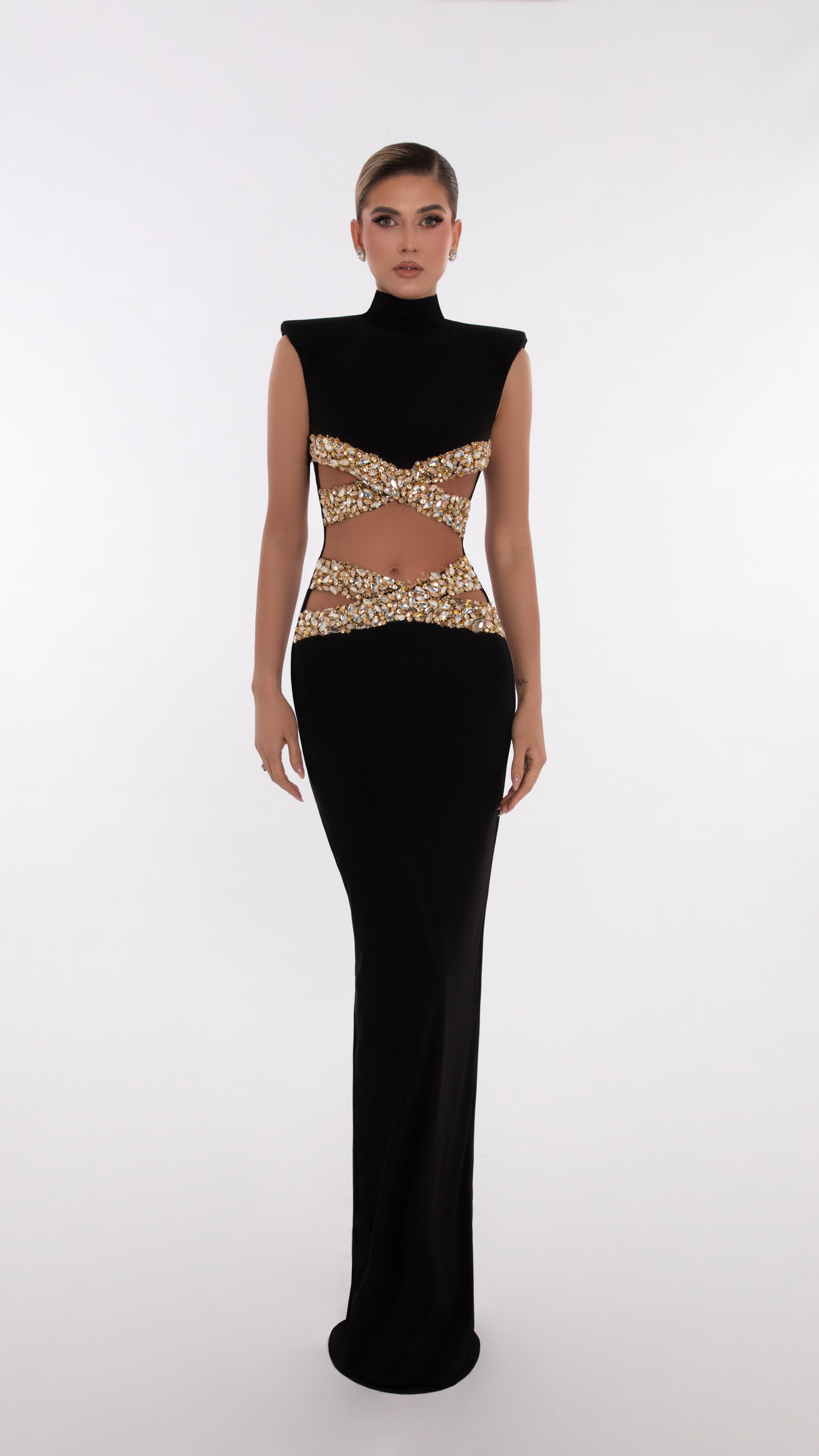 Gold X Beads Embellished Black Dress