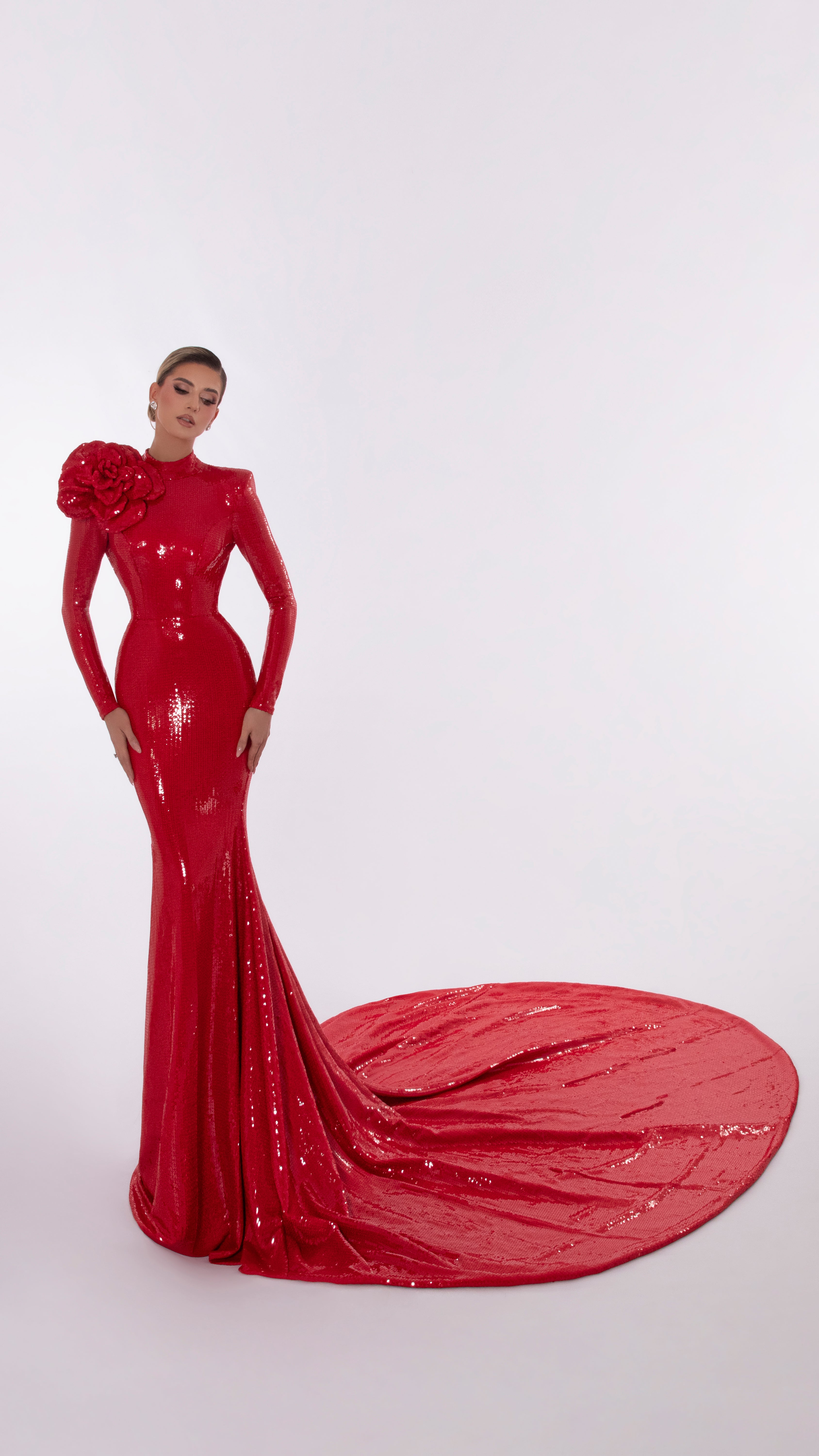 Long Sequins Red Dress With Embroidered Flower