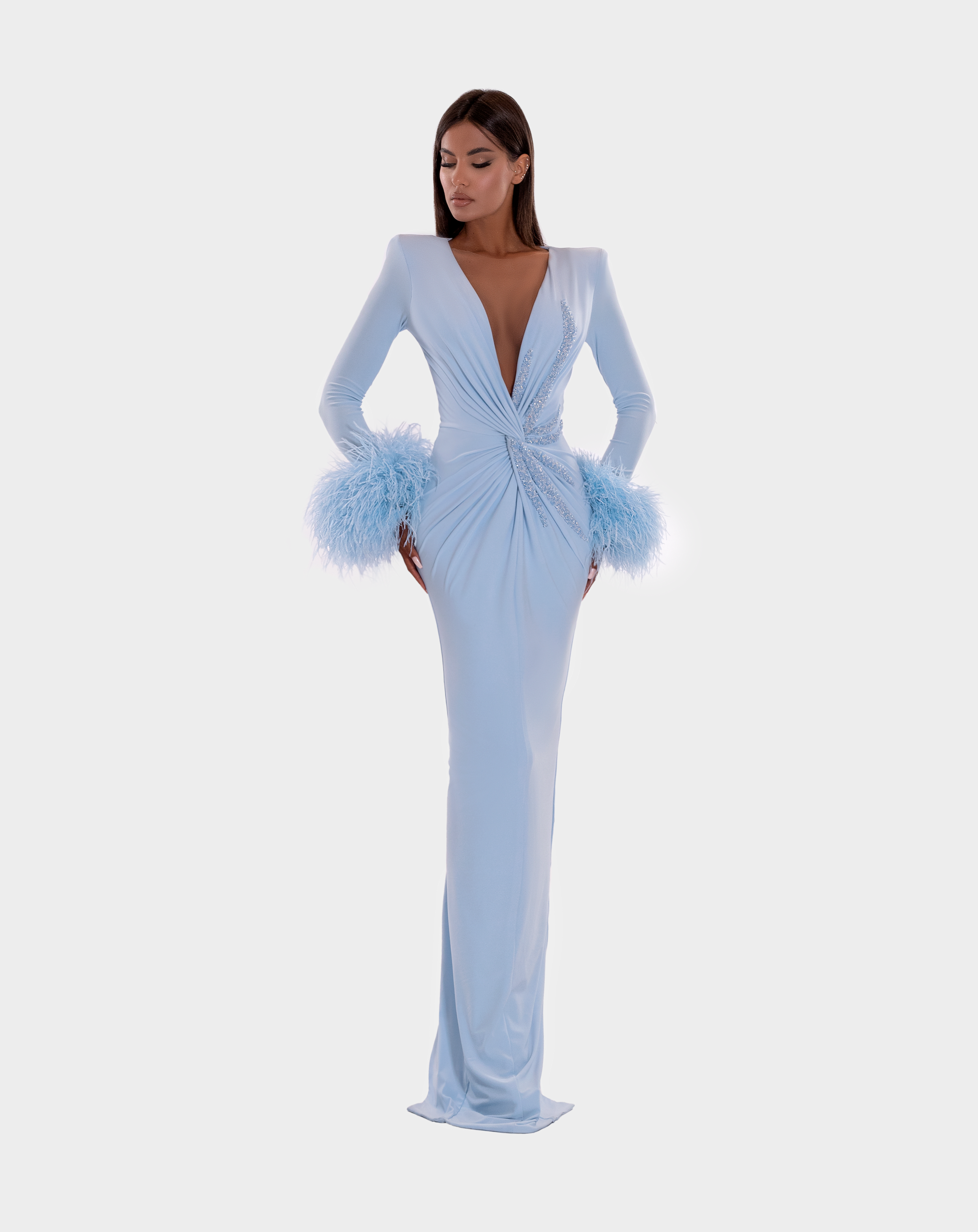 BLUE LONG DRESS WITH V-NECKLINE
