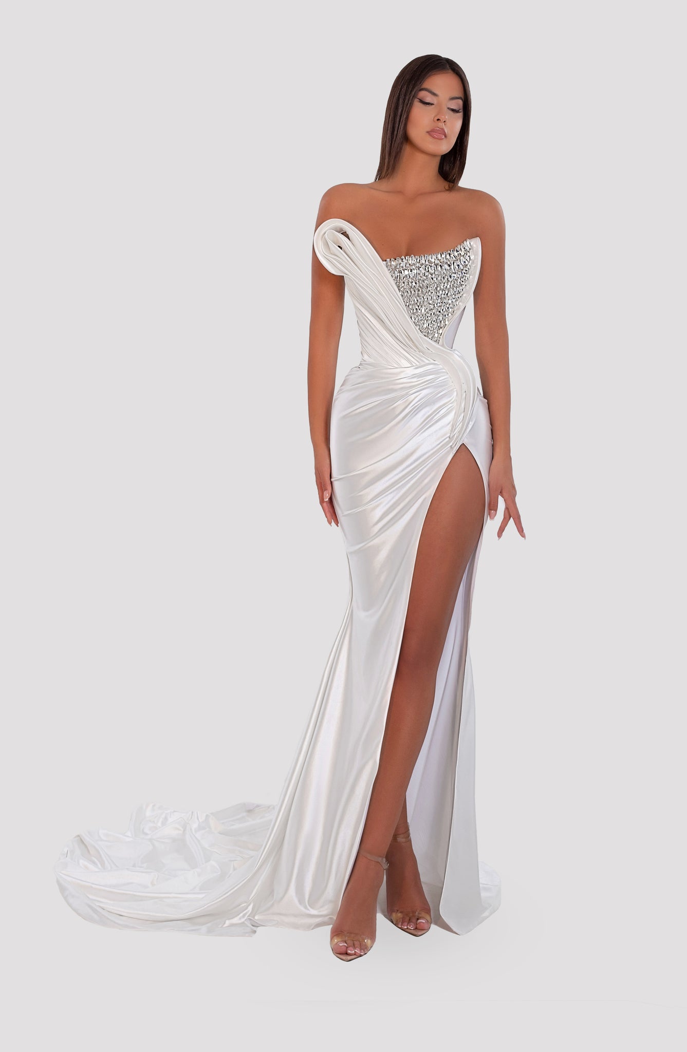 White Stretch Long Dress With Crystals 1 White Stretch Long Dress With Crystals