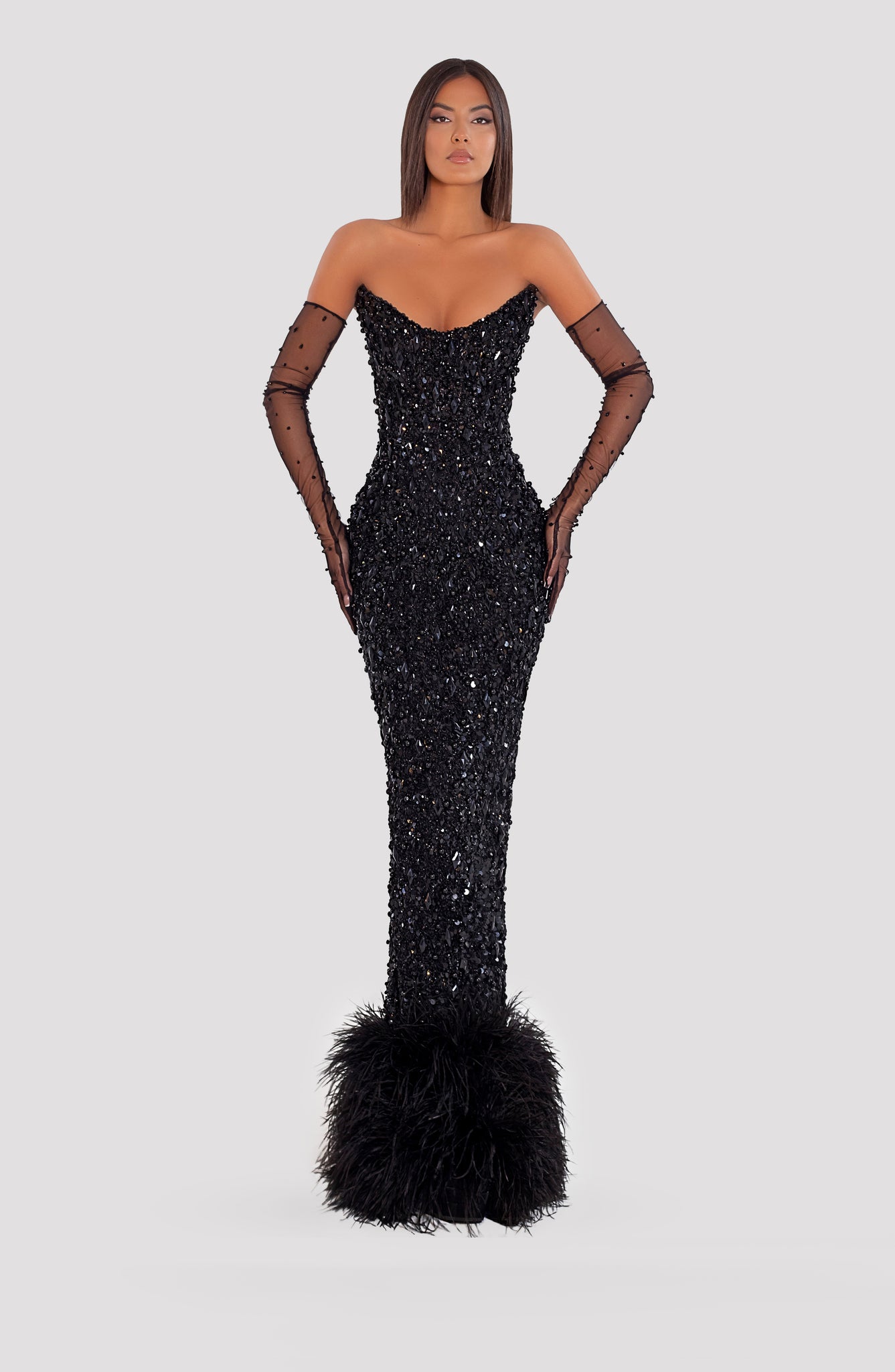 Beads & Feather Long Black Dress