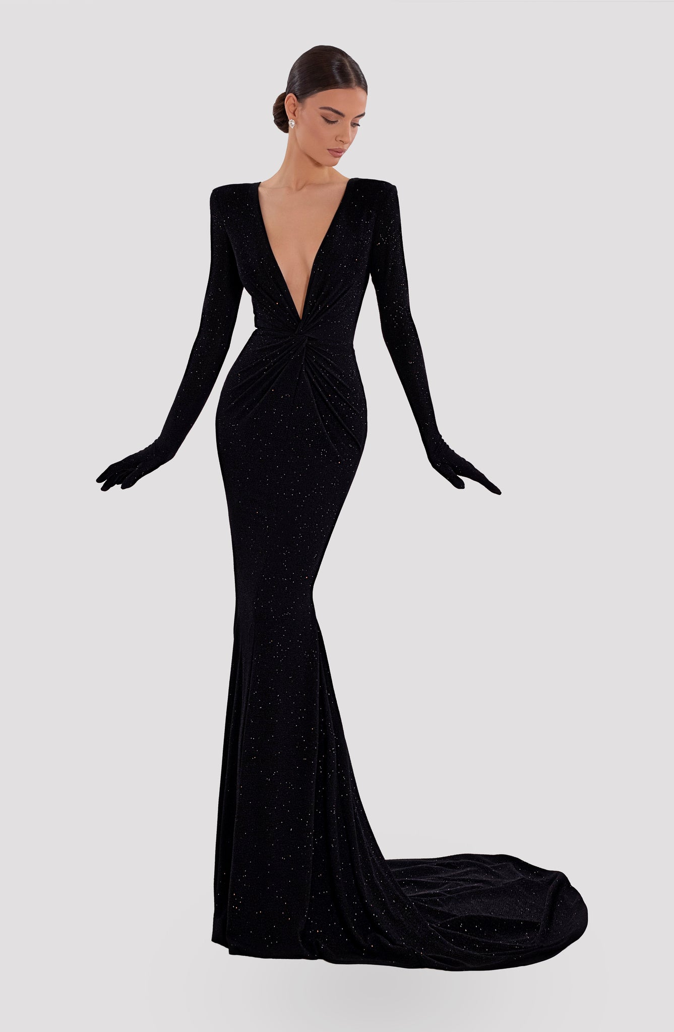 Long V-Neck Dress With Gloves