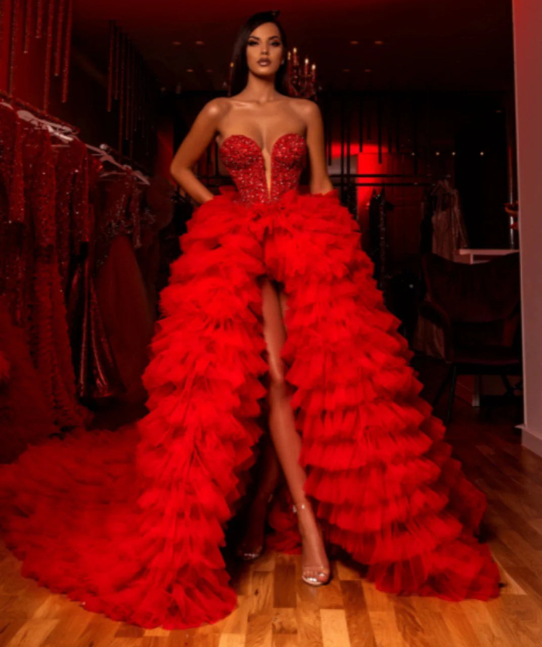 Long Red Tulle Dress with Gloves