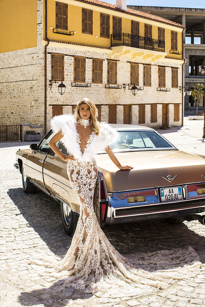 Bridal Elegant dress with broad feathered shoulders