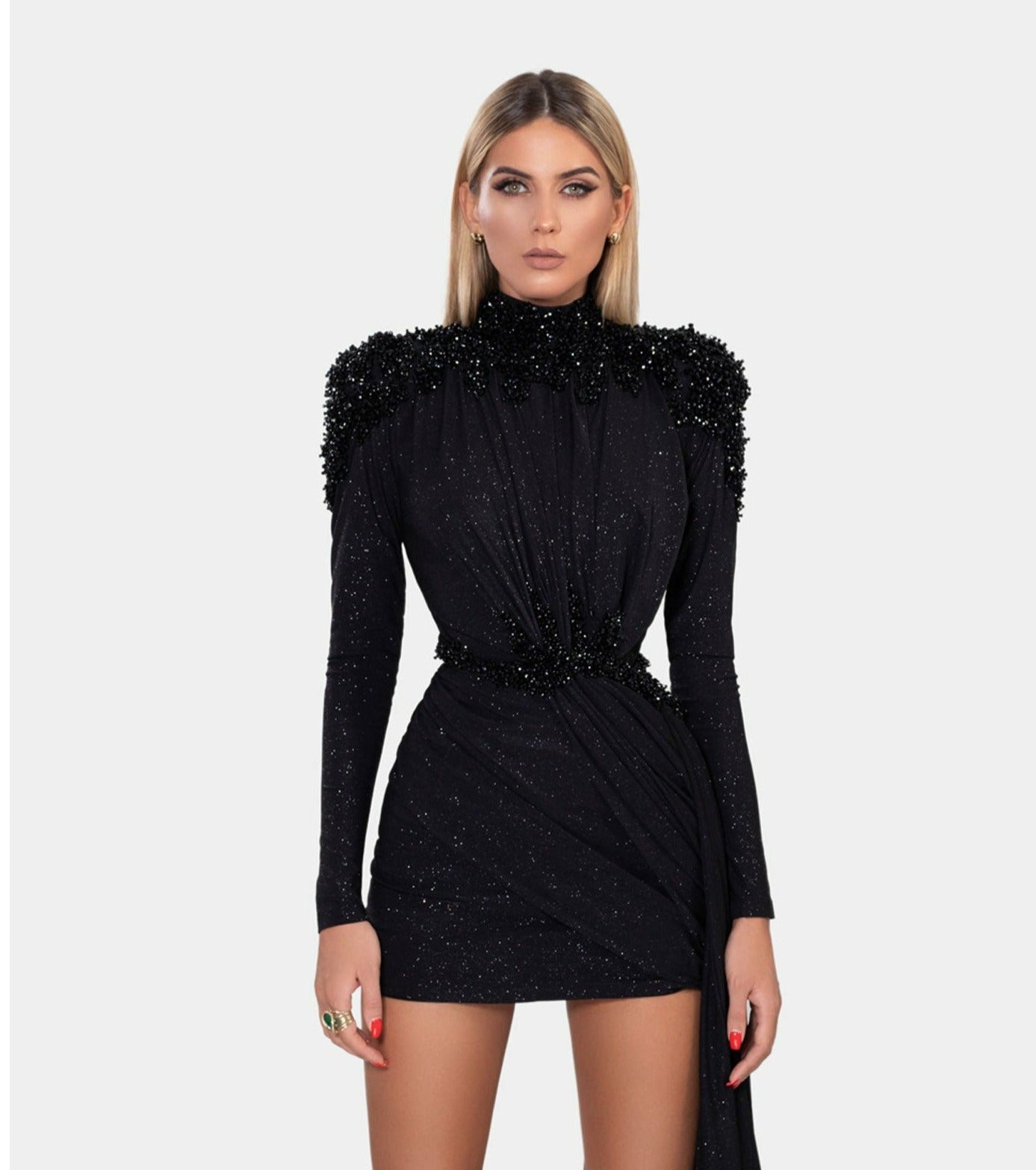Short Black Dress with High Neck and Side tail